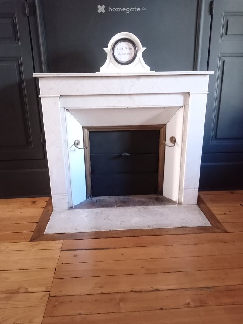{"type": "Fireplace", "objects": ["clock"], "description": "White fireplace with a decorative mantel and a small clock on top, set against dark walls with a wooden floor.", "localized_descriptions": {"EN": "White fireplace with a decorative mantel and a s