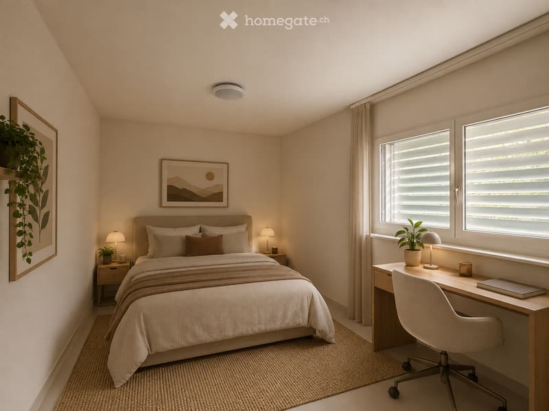Modern bedroom with a large bed, nightstand, desk, and chair. Features large windows with blinds, a plant on the windowsill, and artwork on the walls.