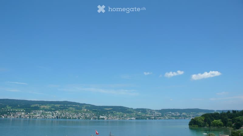 A scenic view of a lake with a town and surrounding hills in the background under a clear blue sky.