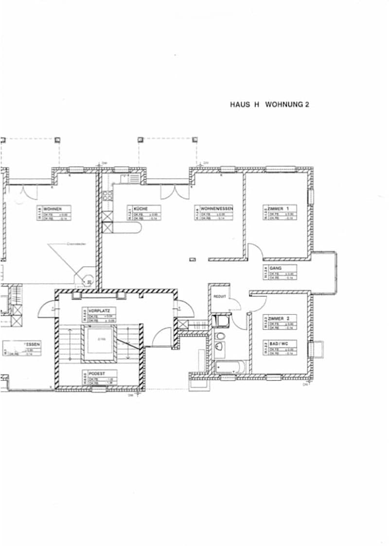 Floor plan of a two-bedroom apartment with a living room, kitchen, dining area, and two bathrooms.