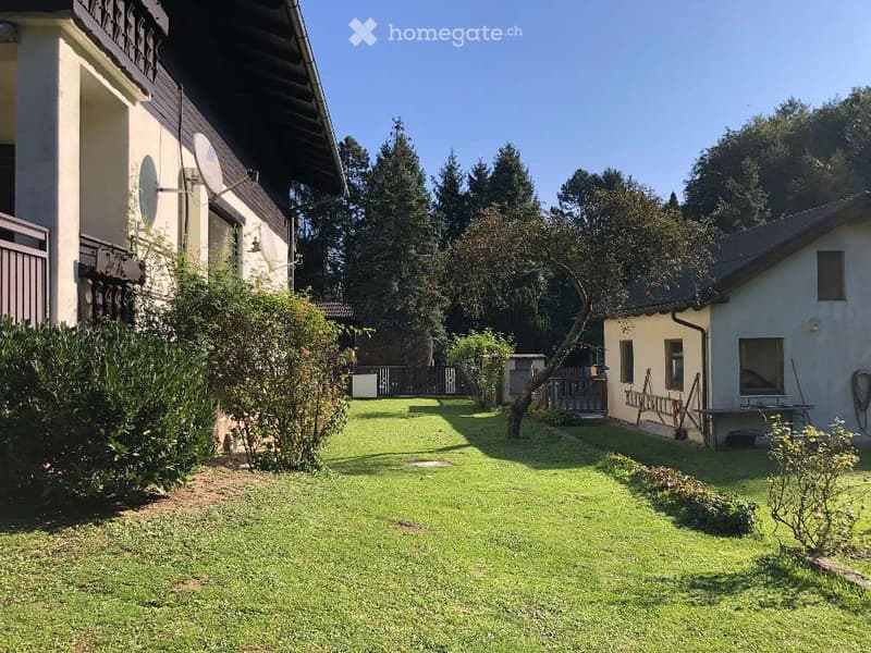 Well-maintained garden with green lawn, trees, bushes, and a small fence separating the area from neighboring houses.