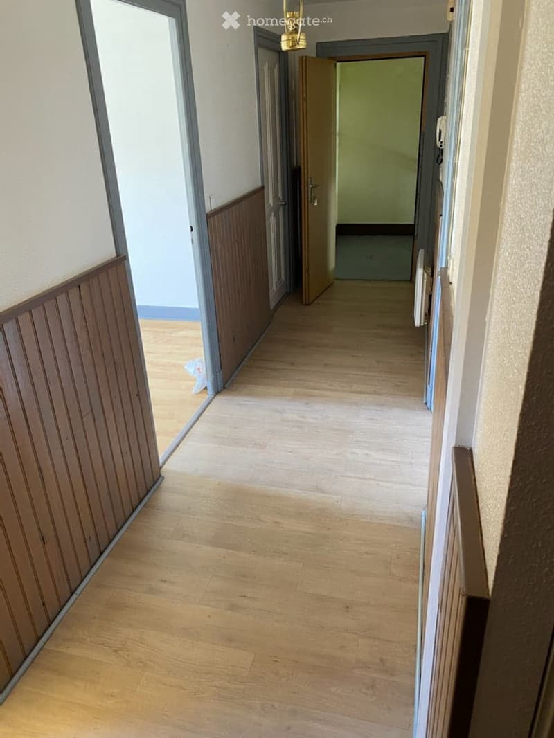 Empty hallway with wooden flooring, white walls, and several doors leading to different rooms.