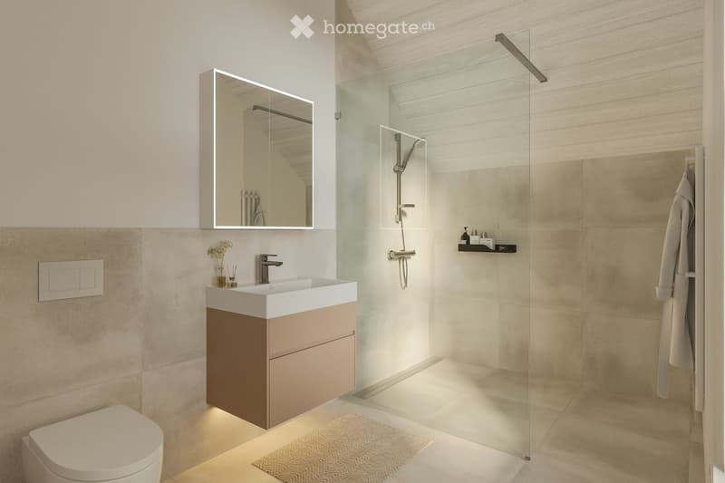 Modern bathroom with a white sink, beige cabinet, glass shower enclosure, and a white toilet. Features include a built-in mirror, a towel rack, and a small shelf with toiletries.