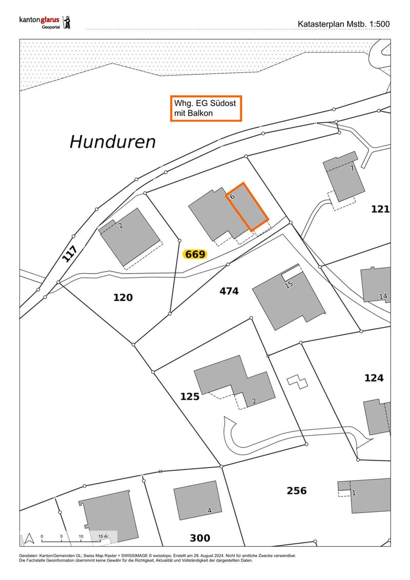 Floor plan of a residential area in Hunduren, showing multiple plots and buildings with numbered designations and highlighted areas.
