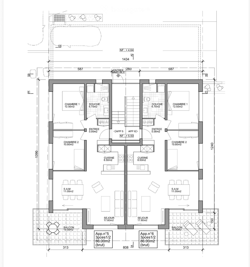 Floor plan showing two apartments (App. n°5 and App. n°6), each with 3 rooms and a half bathroom, 86.00m2 gross area. Layout includes living room, kitchen, bedrooms, bathrooms, and balconies.