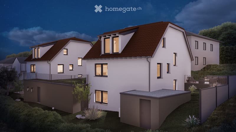3 story house, brown roof, white walls, multiple windows, balcony, garden, garage