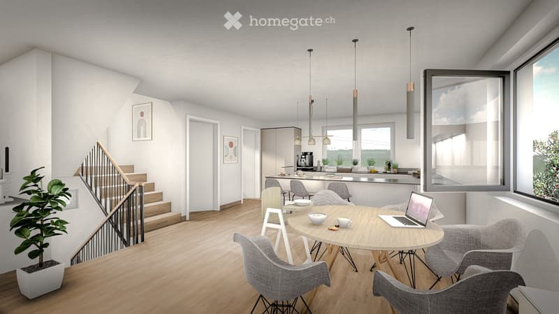 Dining room, kitchen, living room, stairs, large window