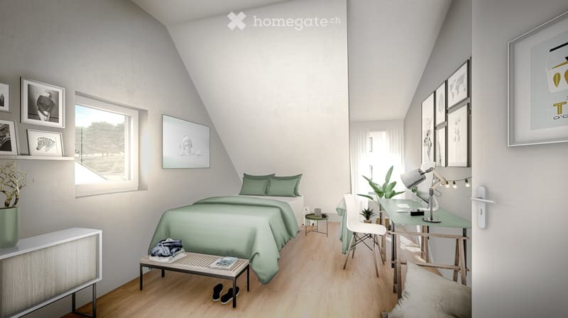 Bedroom with bed, desk, chair, and window