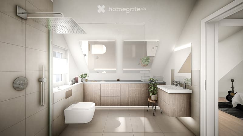 modern bathroom with shower, toilet, sink, wooden cabinets, tiled floor, plants, mirror