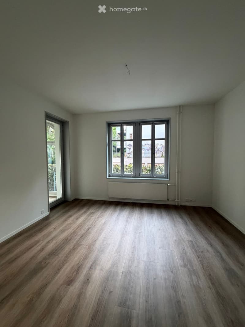 Empty room with light green walls, wooden flooring, a window with multiple panes, and a radiator below it. The room has a door leading to another space.