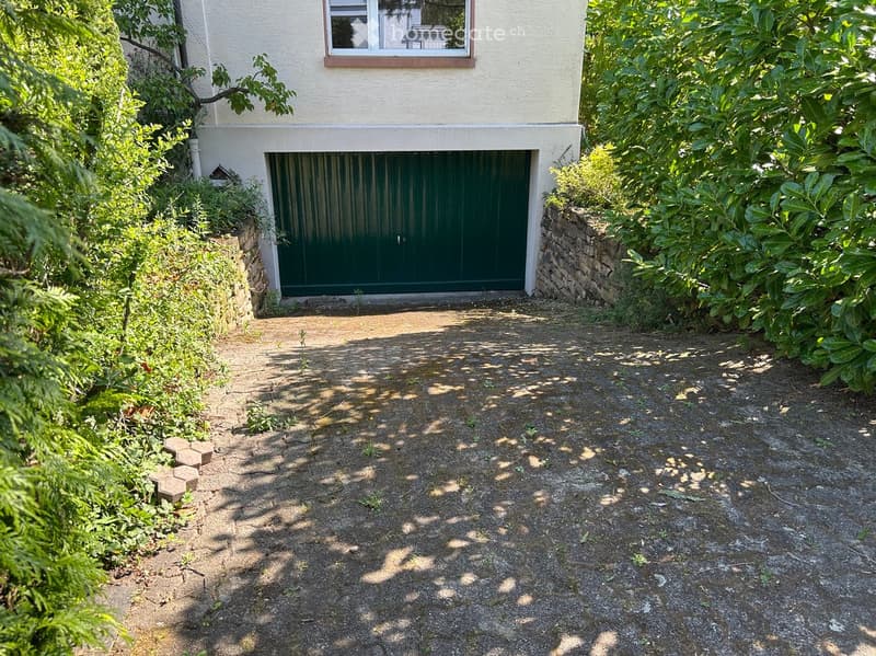 A two-story house with a green garage door, surrounded by greenery and a concrete driveway.