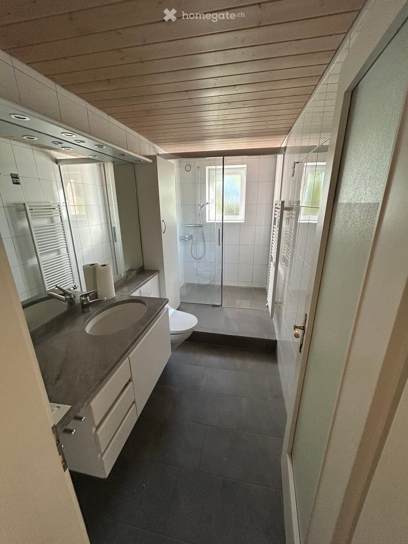 Modern bathroom with a dark tiled floor, white tiled walls, a large mirror above the sink, a glass-enclosed shower, and a toilet. The sink has a sleek black countertop and a modern faucet.
