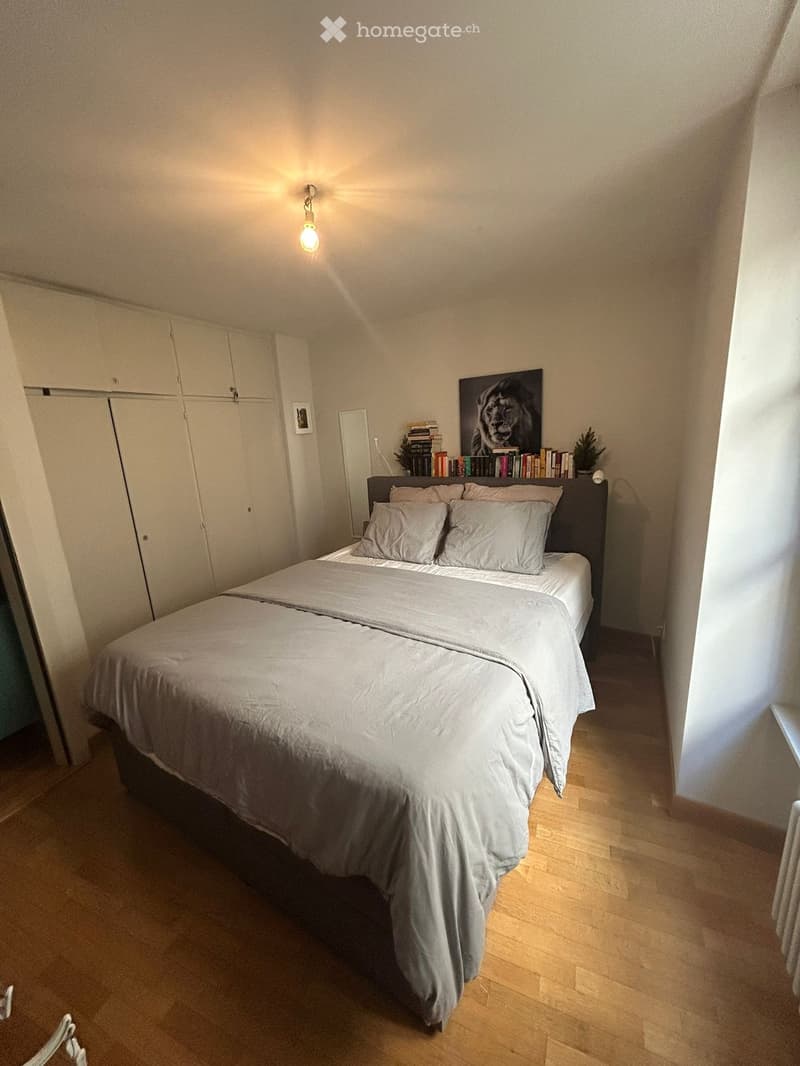 A well-lit bedroom with a double bed, pillows, a headboard, a wall-mounted light fixture, a cabinet, and a picture frame on the wall.