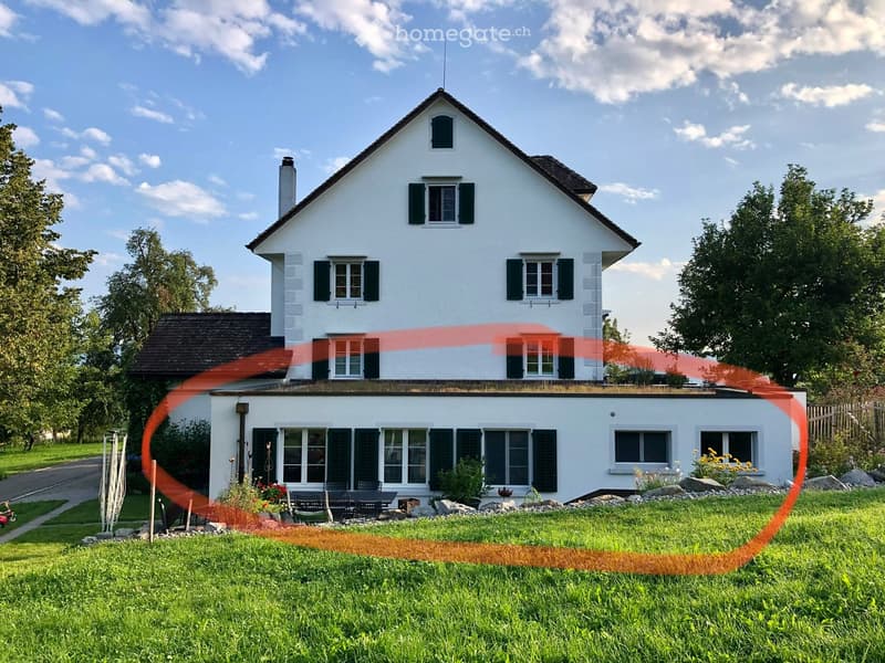 Two-story white house with green shutters, surrounded by a well-maintained lawn and trees.