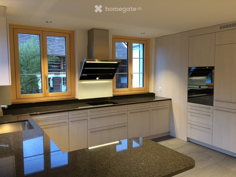 Modern kitchen with light wood cabinets, stainless steel appliances, granite countertops, and large windows.