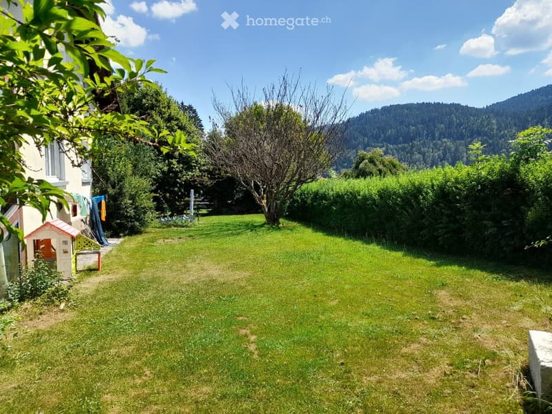 A well-maintained garden with a green lawn, surrounded by trees and bushes, with a small playhouse and a clothesline visible on the left side.