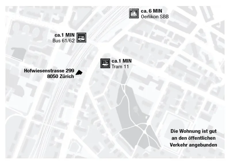 Map showing the location of Hofwiesenstrasse 299, 8050 Zürich, with nearby public transport options including Bus 61/62, Tram 11, and Oerlikon SBB.