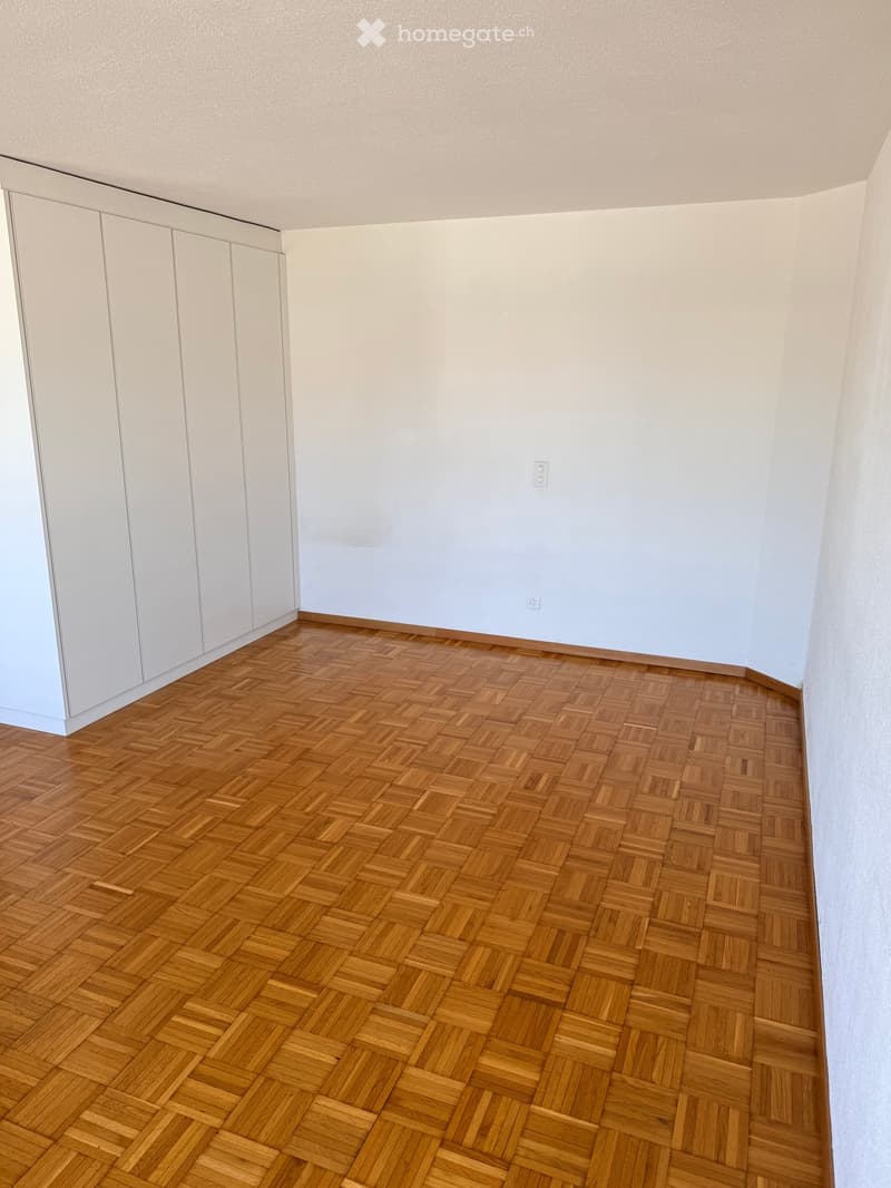 Empty room with light-colored walls and a herringbone-patterned wooden floor. White built-in cabinets line one wall.