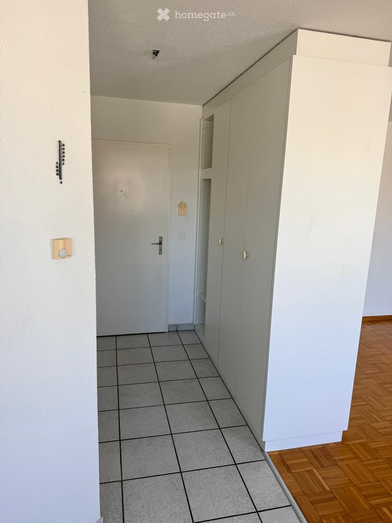 Empty hallway with tiled floor, white walls, and a closed door leading to another room. There is a small cabinet on the right side.