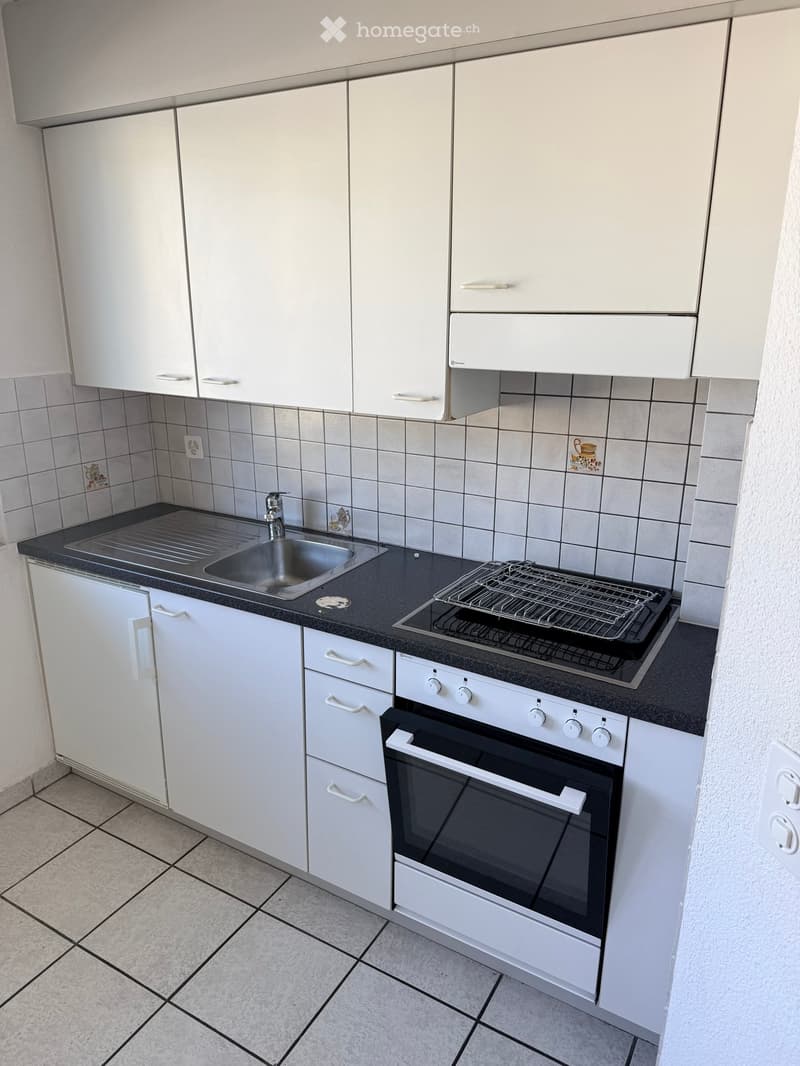 Modern kitchen with white cabinets, stainless steel sink, and built-in oven.