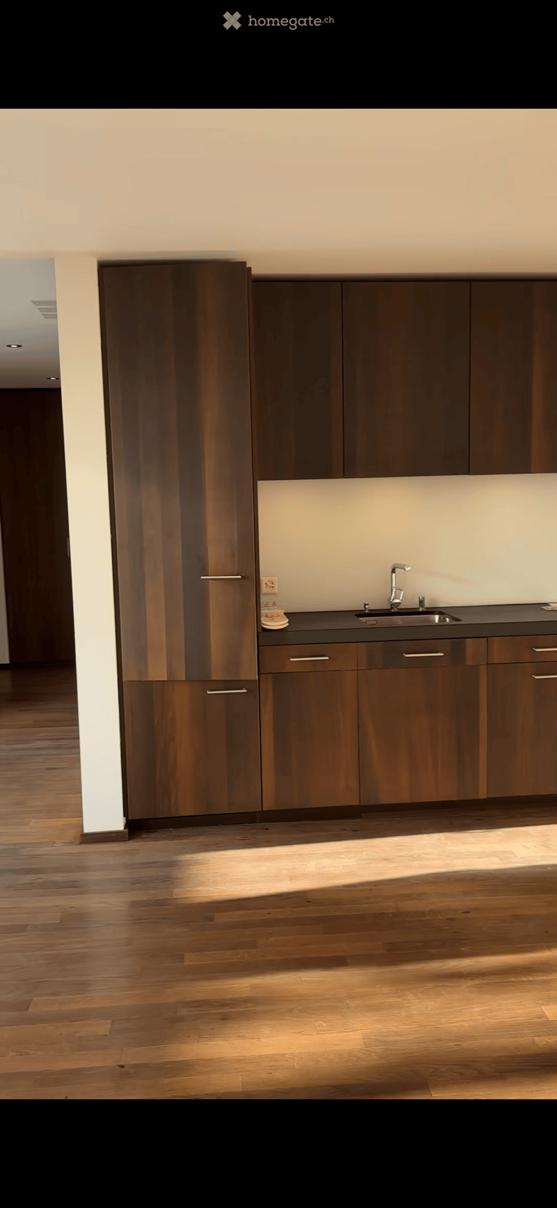 Empty kitchen area with dark wooden cabinets, a stainless steel sink, and a black countertop. The floor is made of light wooden planks.