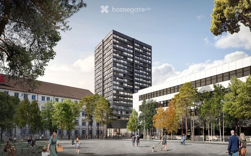 A modern urban plaza with a mix of contemporary and traditional buildings, surrounded by trees and people walking and sitting on benches.