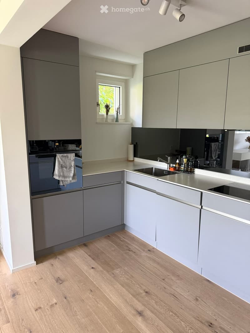 Modern kitchen with light grey cabinets, wooden flooring, and stainless steel appliances including a sink, oven, and countertop.
