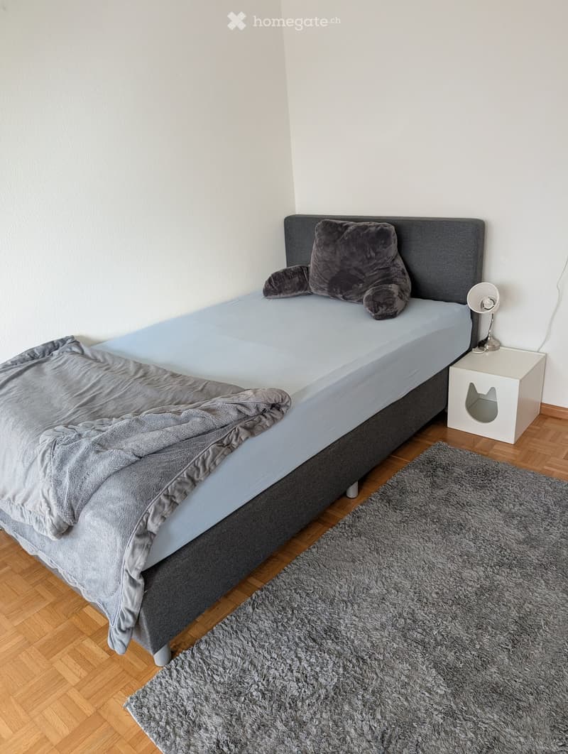 A neatly made bed with a grey blanket and pillow, a nightstand with a lamp, and a fluffy rug on a wooden floor.