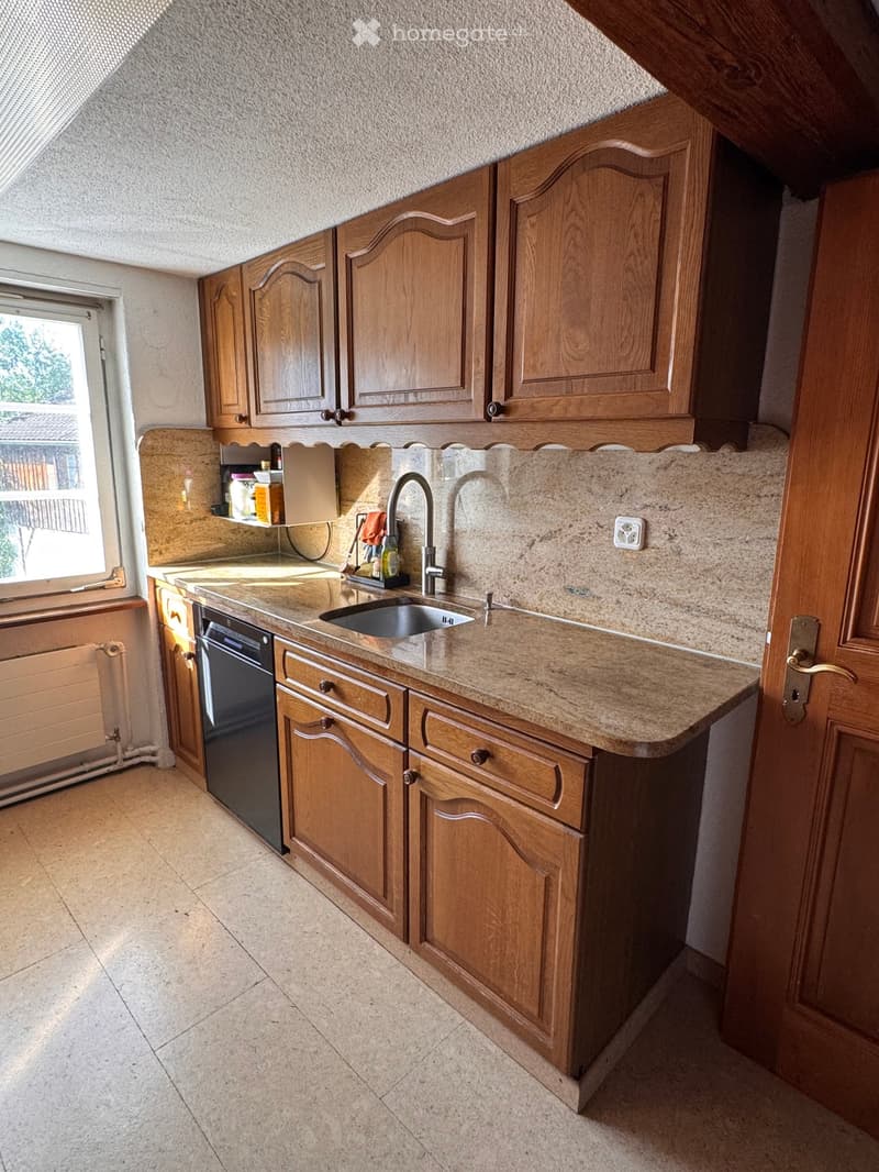 Modern kitchen with wooden cabinets, granite countertop, stainless steel sink, and dishwasher. Natural light from a window on the left.