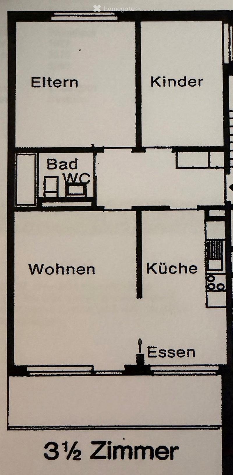 Floor plan of a 3.5-room apartment with labeled rooms: Eltern (parents), Kinder (children), Bad (bathroom), Wohnen (living room), Küche (kitchen), and Essen (dining area).
