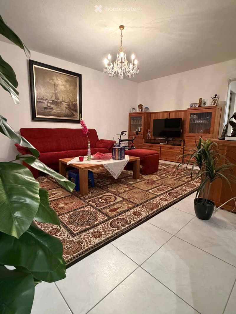 Living room with a red sofa, wooden coffee table, ottoman, television cabinet, chandelier, and decorative items.