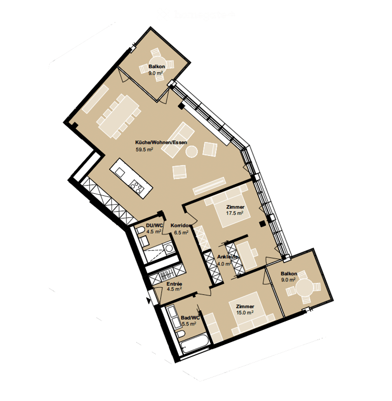 Floor plan of a 59.5 m² apartment with kitchen/living/dining area, two bedrooms, two bathrooms, and two balconies.