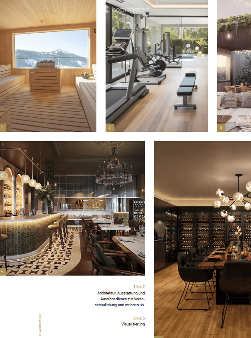 A collage of five interior spaces: a modern living room with a sofa and large window, a fitness area with a treadmill and bench, a bedroom with a bed and pillows, a bar area with a counter and chairs, and a dining area with a table and wine rack.