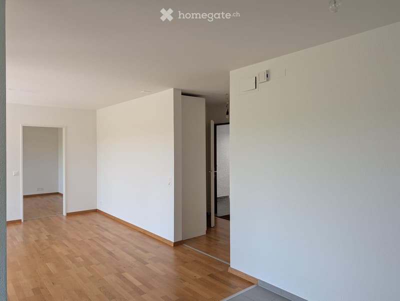 Empty room with light wooden flooring and white walls, featuring a doorway leading to another space.
