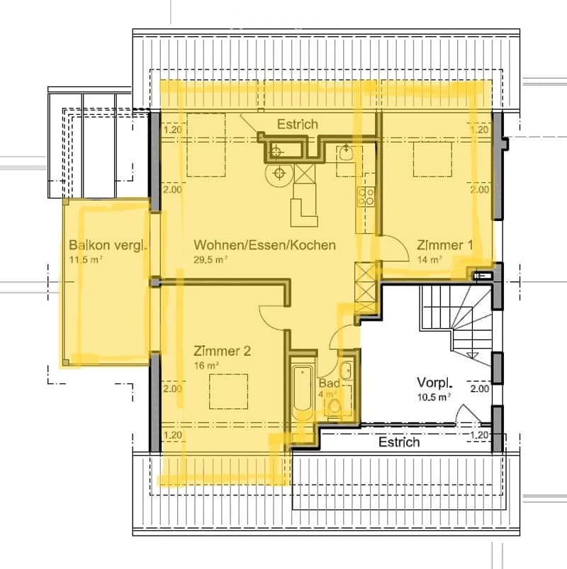 Floor plan of a 2-story house with living room, kitchen, 2 bedrooms, 2 bathrooms, balcony, and entrance.
