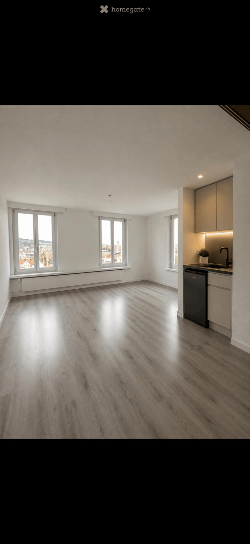 Empty room with wooden flooring, white walls, large windows, and a small kitchen area with cabinets and a sink.