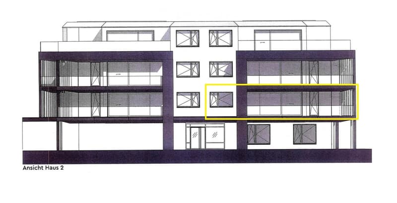Architectural floor plan of a multi-story building with detailed window and door placements, highlighted section in yellow.