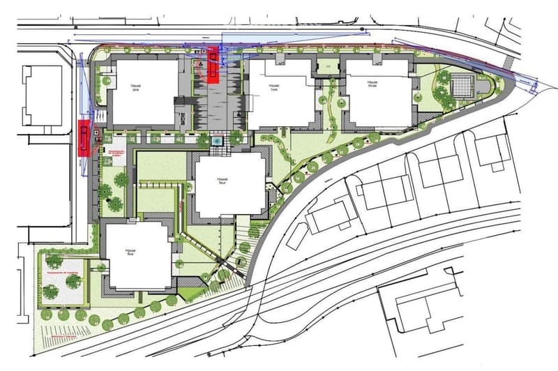 Floor plan of a residential complex with five houses, green spaces, pathways, and parking areas.
