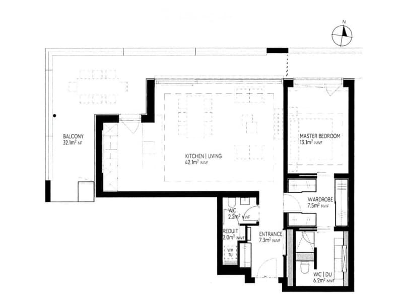Floor plan of a 2-bedroom apartment with a combined kitchen/living area, master bedroom, wardrobe, and balcony.