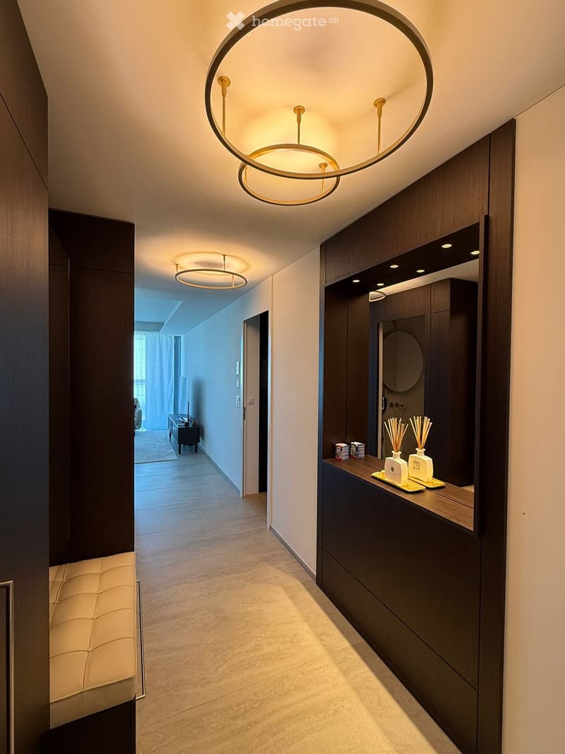 Modern hallway with dark wood paneling, built-in storage, and sleek lighting fixtures. Features a small seating area with a white leather bench and a small table with decorative items.