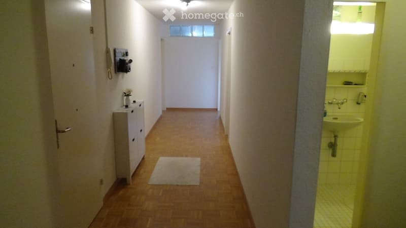 A narrow hallway with wooden flooring, white walls, and a small rug in the center. A small cabinet is visible on the left, and a bathroom with a sink is partially visible on the right.