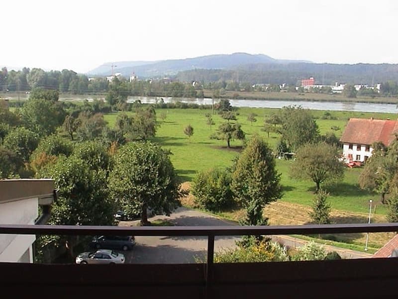 Balcony overlooking a park with trees, a river, and distant hills. A few parked cars are visible below.