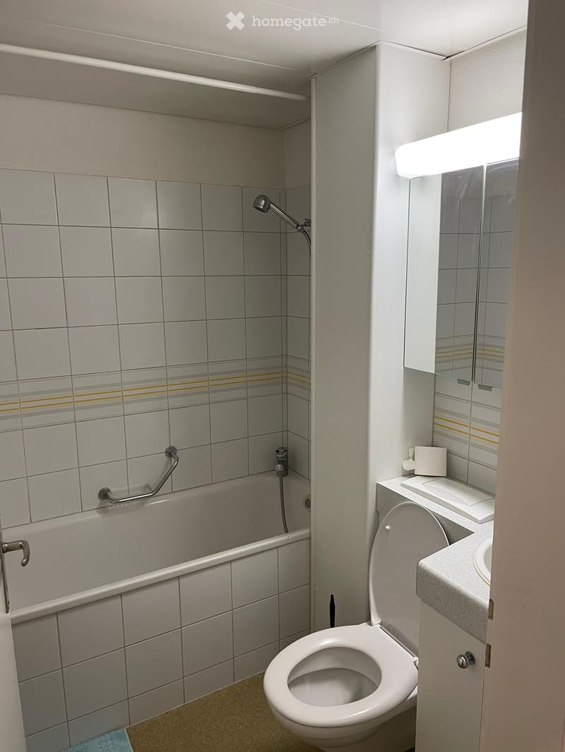 Modern bathroom with a bathtub, toilet, sink, and mirror. The walls are tiled with grey tiles and yellow accents. A handheld showerhead is attached to the bathtub.