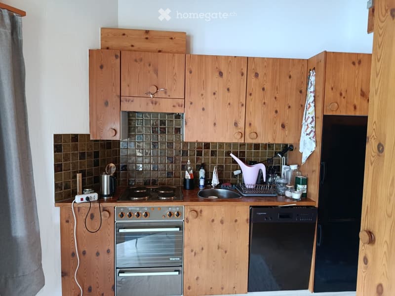 A compact kitchen with wooden cabinets, a stainless steel oven, a dishwasher, and a sink. The countertop holds various kitchen items, including a dish rack, cups, and bottles.