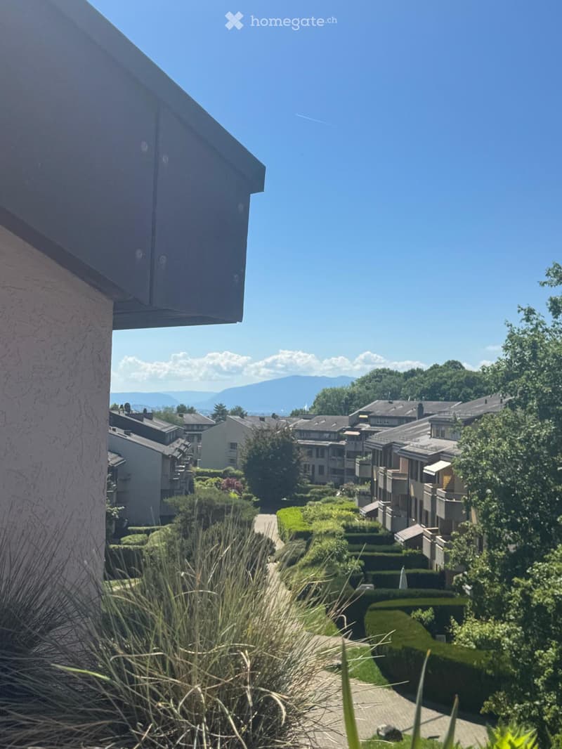 Balcony view overlooking a residential area with houses, greenery, and distant mountains under a clear blue sky.