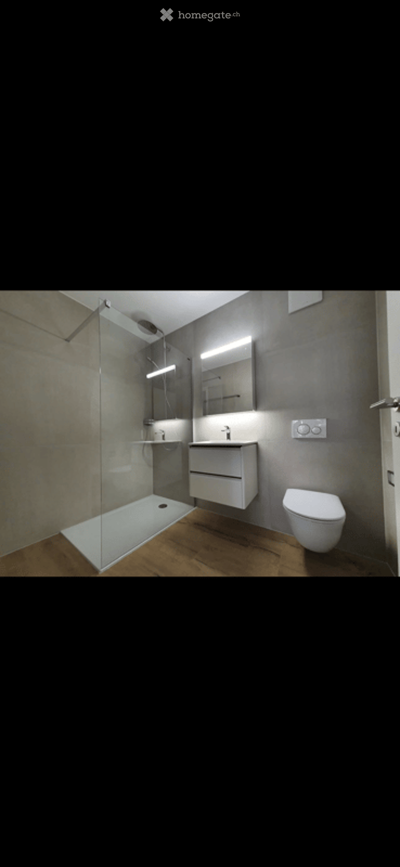 Modern bathroom with a glass-enclosed shower, a white sink, a toilet, and a mirror above the sink. The floor is wooden, and the walls are grey.