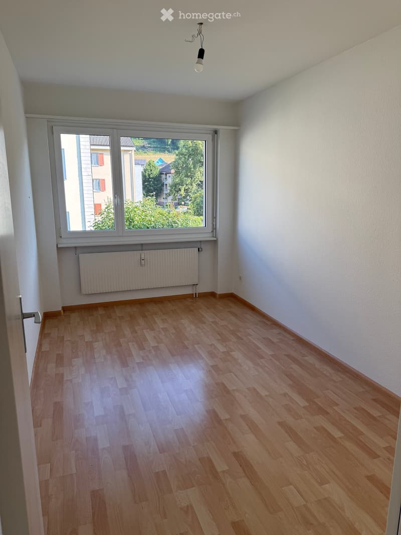 Empty room with wooden flooring, white walls, large window with view, radiator, and a single light fixture on the ceiling.