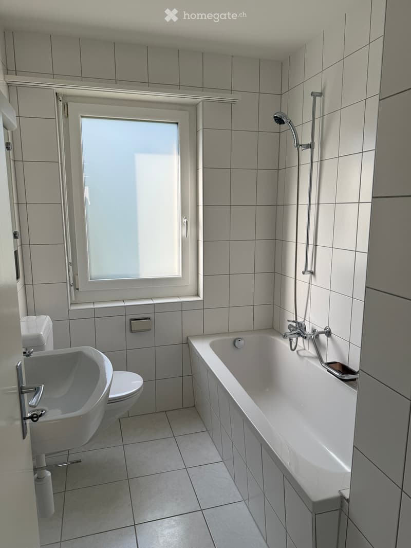 Modern bathroom with white tiles, bathtub, toilet, sink, and showerhead. Features a frosted window and a built-in shelf above the toilet.