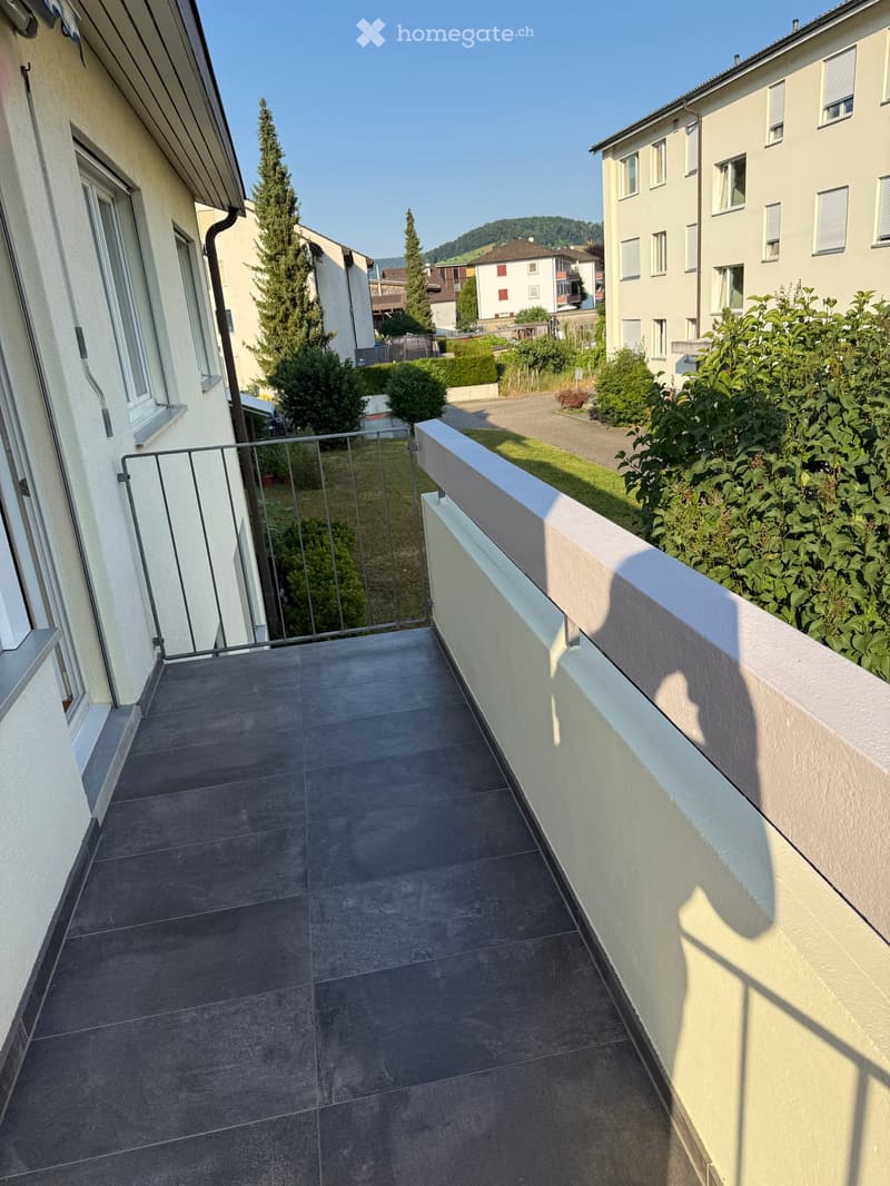Balcony with grey tiled floor, white railing, and metal gate, overlooking a residential area with trees and buildings.