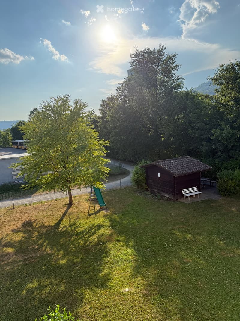 A grassy outdoor area with a small wooden shed, a bench, a picnic table, a slide, and trees. The area is surrounded by greenery and a paved path.